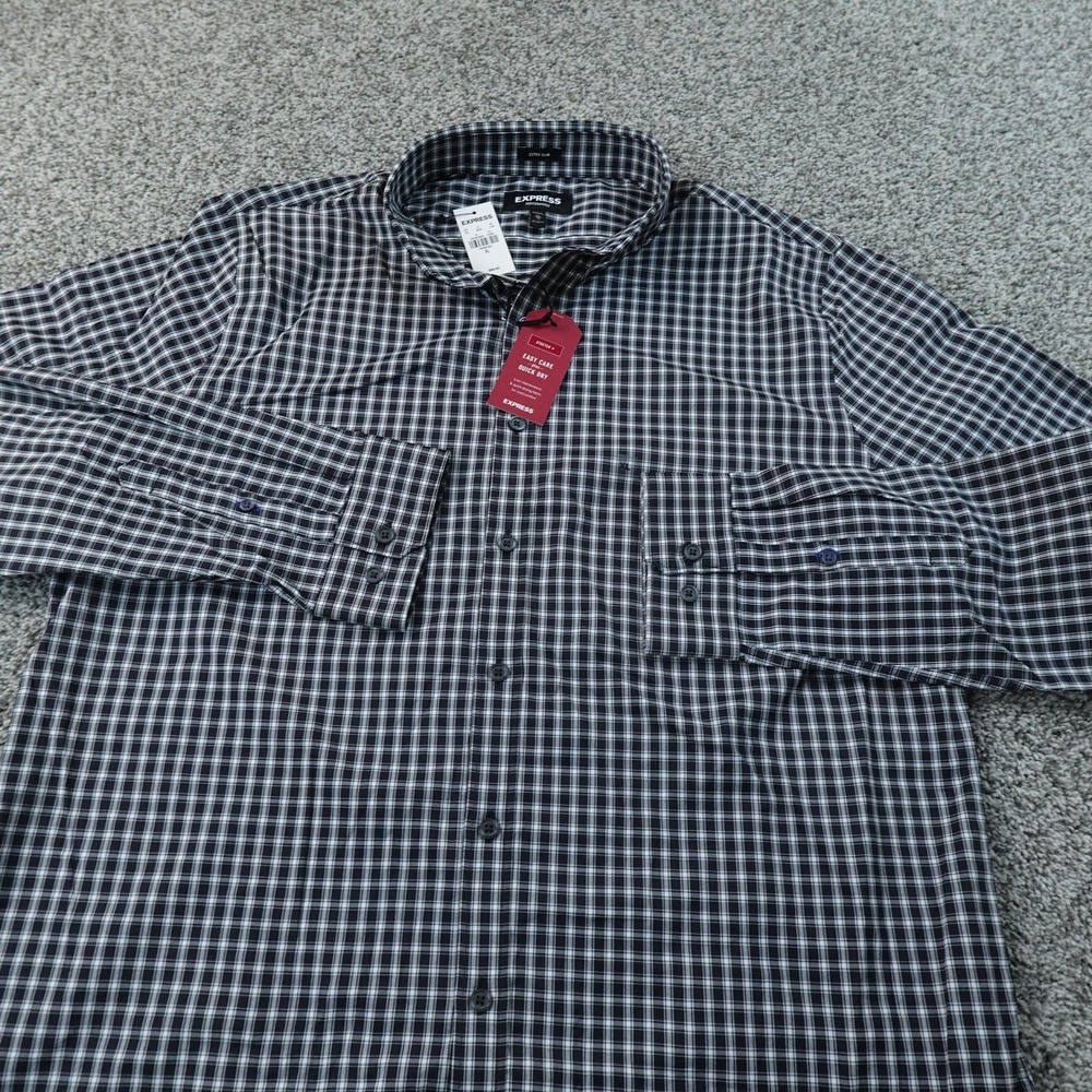 NEW Express Shirt Mens XL 17-17.5‎ Blue Check Slim Performance Button Up Dress